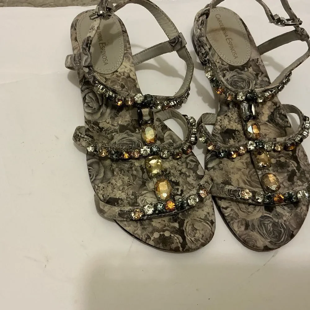 Carolina Espinosa Floral Gray Sandals with Embellishments 8M